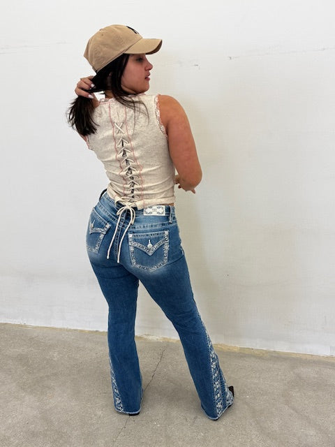 Miss Mee Mid Rise Boot Jeans floral details